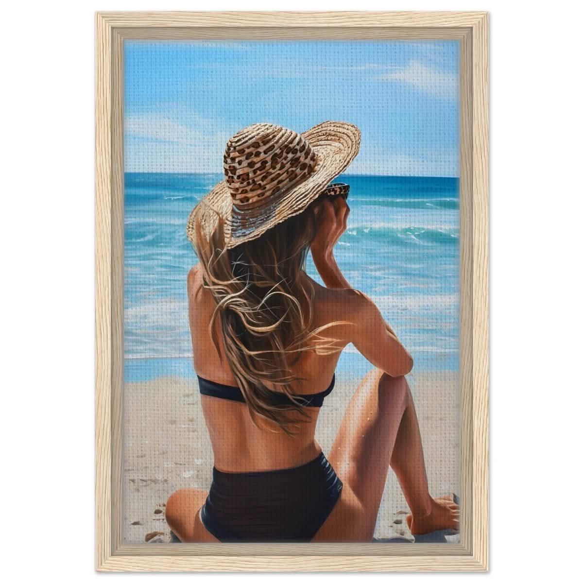 Coastal Reflection: Woman by the Waves | Hyperrealism with a Coastal Theme - Framed Canvas - 30x45 cm / 12x18″ - Wood frame