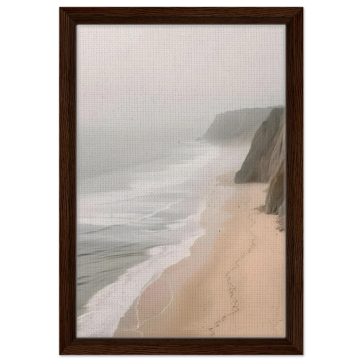 Coastal Reverie – Misty Cliffs & Gentle Shore Wall art print - Framed Canvas - 30x45 cm / 12x18″ - Dark wood frame