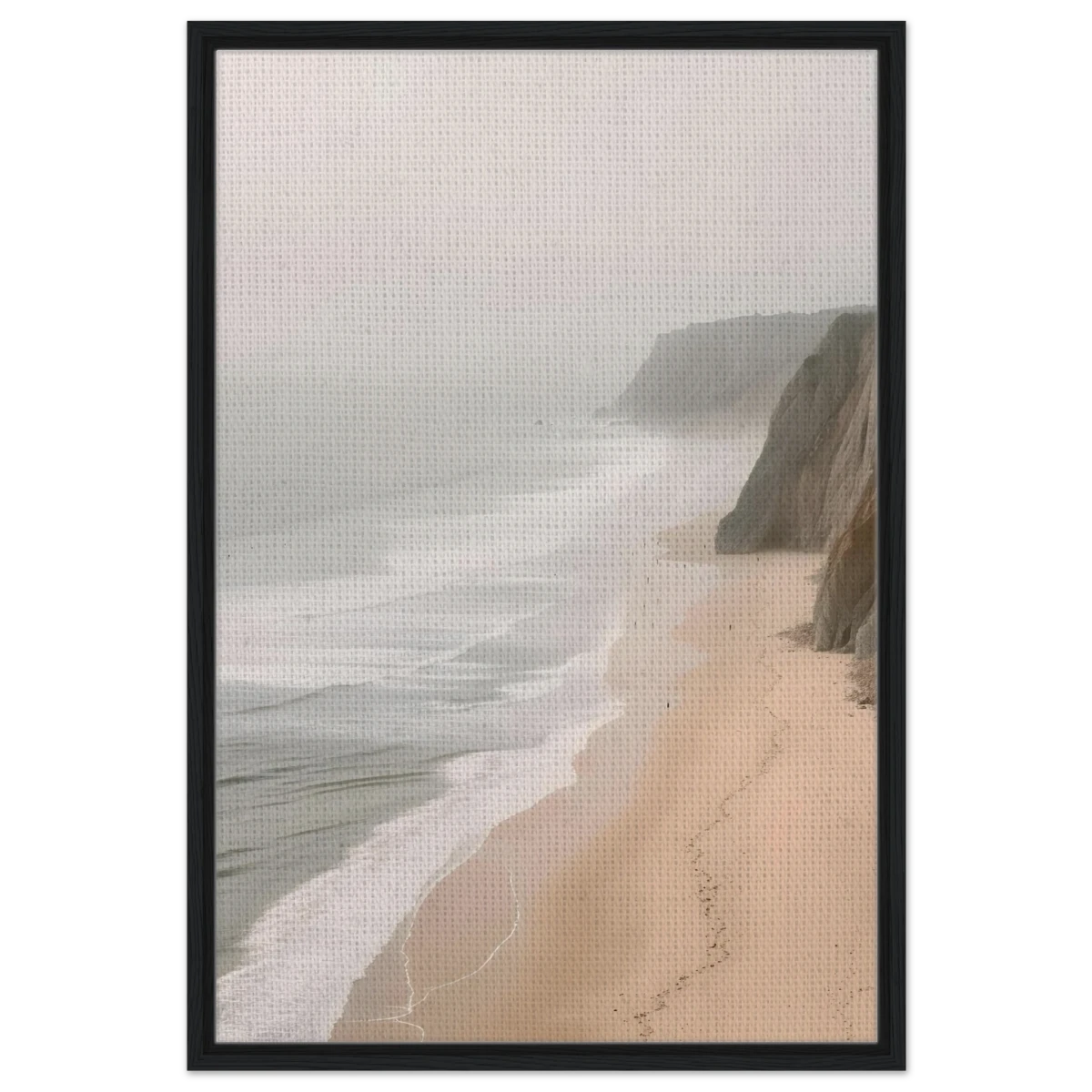 Coastal Reverie – Misty Cliffs & Gentle Shore Wall art print - Framed Canvas - 60x90 cm / 24x36″ - Black frame