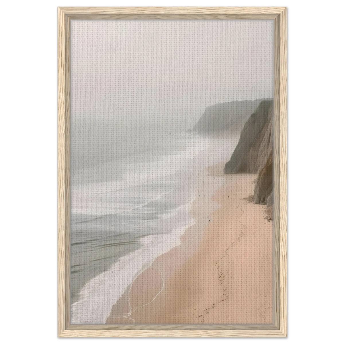 Coastal Reverie – Misty Cliffs & Gentle Shore Wall art print - Framed Canvas - 40x60 cm / 16x24″ - Wood frame