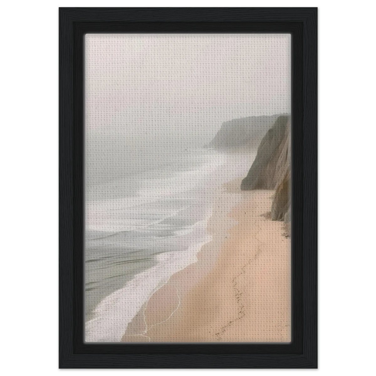 Coastal Reverie – Misty Cliffs & Gentle Shore Wall art print - Framed Canvas - 20x30 cm / 8x12″ - Black frame