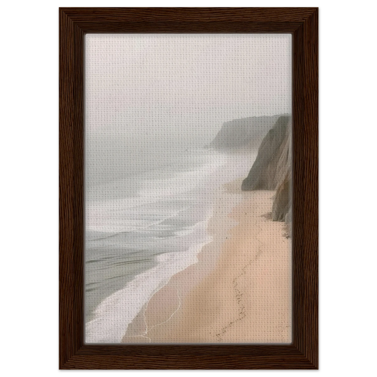 Coastal Reverie – Misty Cliffs & Gentle Shore Wall art print - Framed Canvas - 20x30 cm / 8x12″ - Dark wood frame