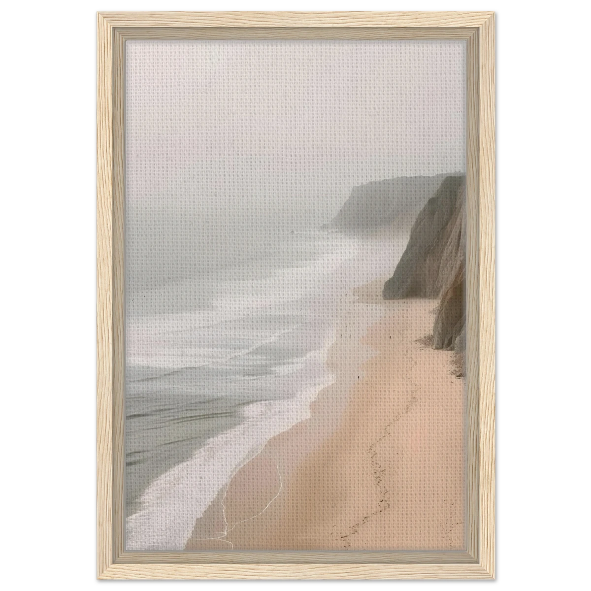 Coastal Reverie – Misty Cliffs & Gentle Shore Wall art print - Framed Canvas - 30x45 cm / 12x18″ - Wood frame