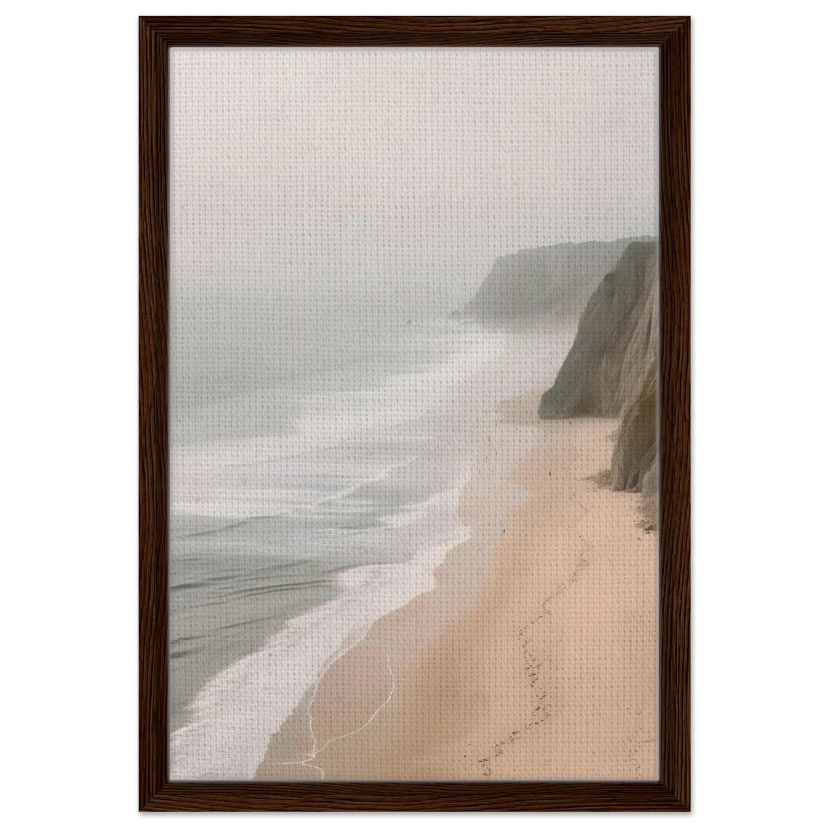 Coastal Reverie – Misty Cliffs & Gentle Shore Wall art print - Framed Canvas - 40x60 cm / 16x24″ - Dark wood frame