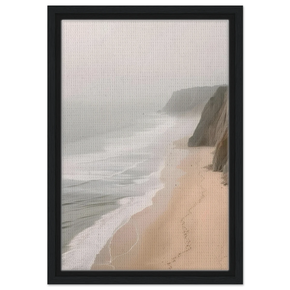 Coastal Reverie – Misty Cliffs & Gentle Shore Wall art print - Framed Canvas - 30x45 cm / 12x18″ - Black frame