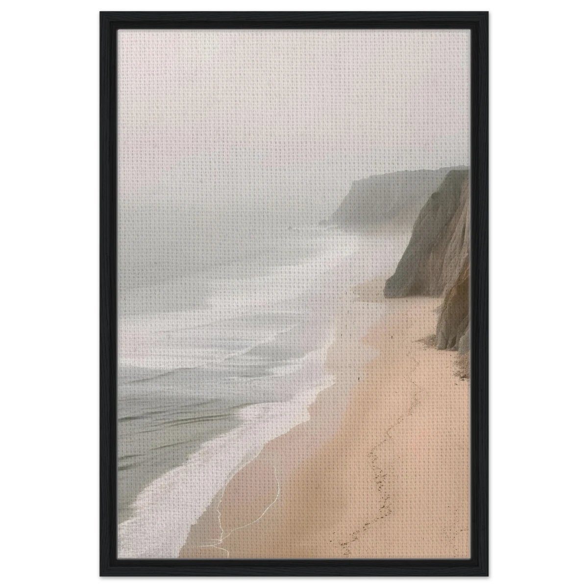 Coastal Reverie – Misty Cliffs & Gentle Shore Wall art print - Framed Canvas - 50x75 cm / 20x30″ - Black frame
