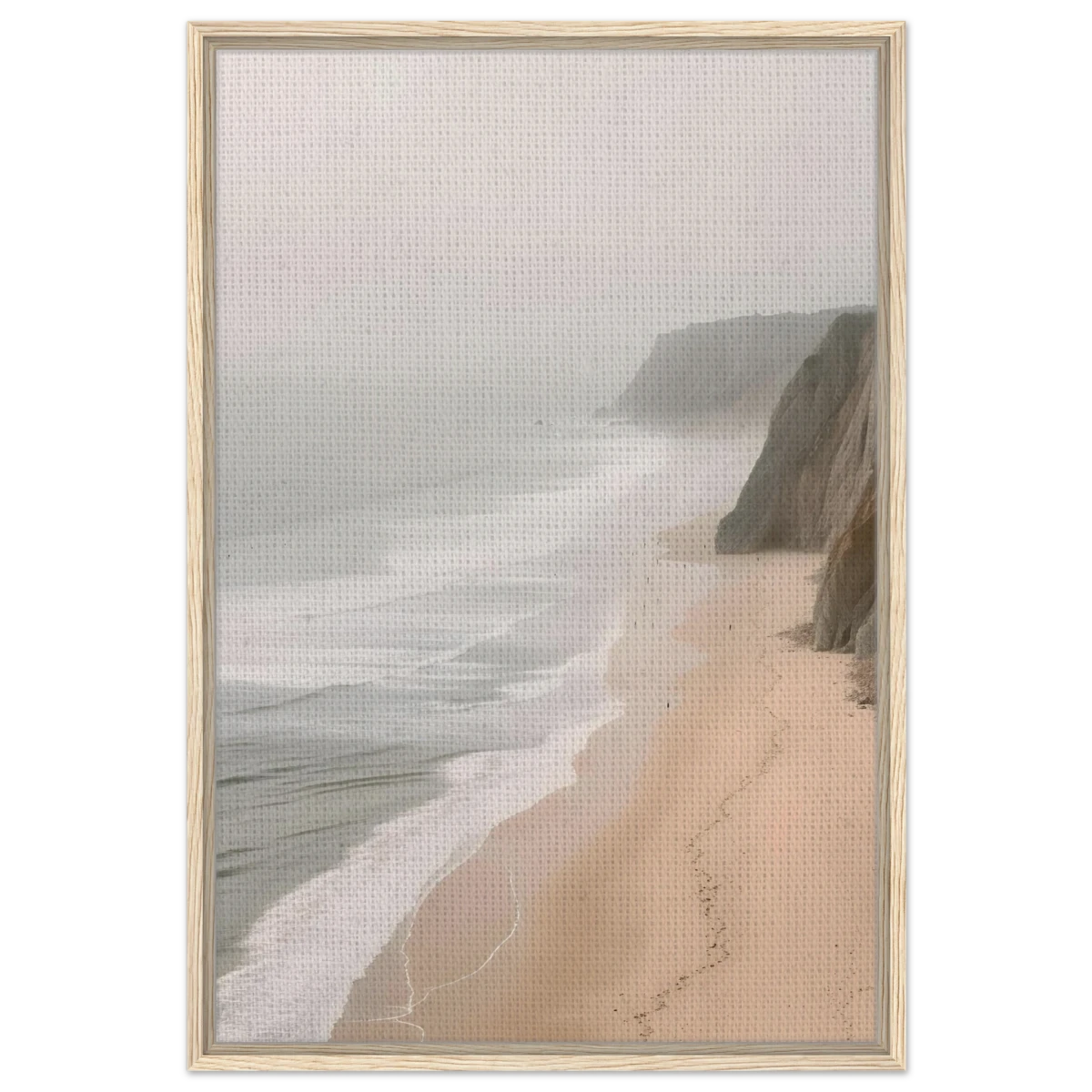 Coastal Reverie – Misty Cliffs & Gentle Shore Wall art print - Framed Canvas - 60x90 cm / 24x36″ - Wood frame