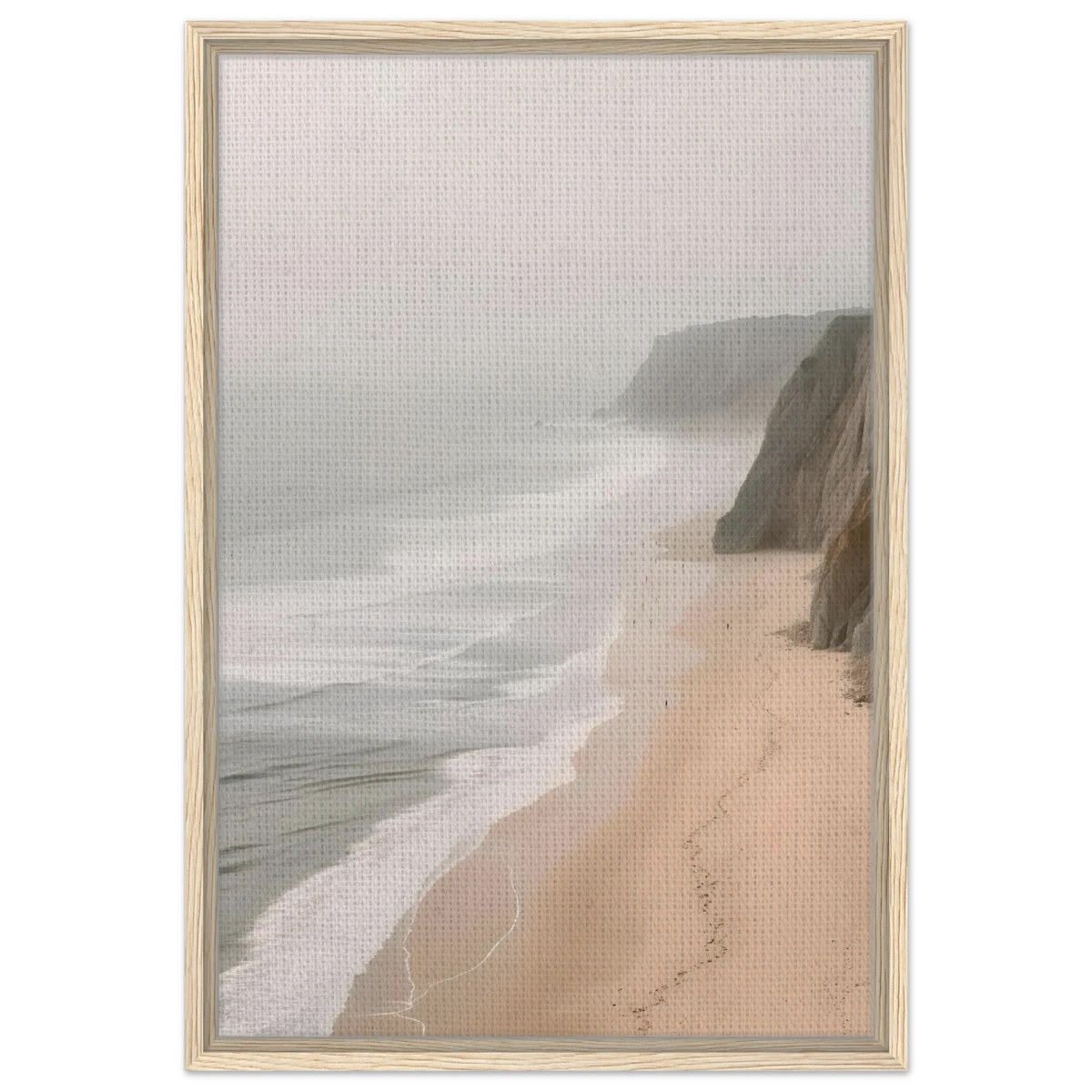 Coastal Reverie – Misty Cliffs & Gentle Shore Wall art print - Framed Canvas - 50x75 cm / 20x30″ - Wood frame