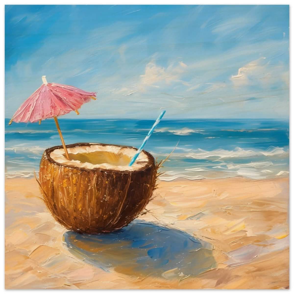 Coconut Bliss by the Shore | Contemporary Realism with Tropical Theme - Wood Prints - 40x40 cm / 16x16″ -