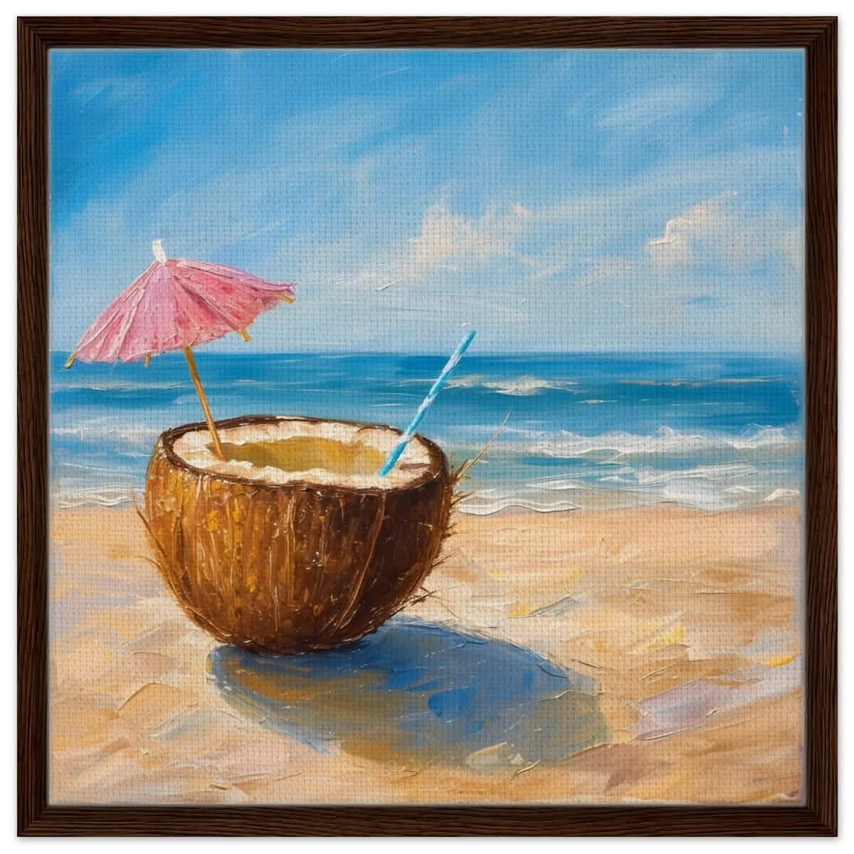 Coconut Bliss by the Shore | Contemporary Realism with Tropical Theme - Framed Canvas - 60x60 cm / 24x24″ - Dark wood frame