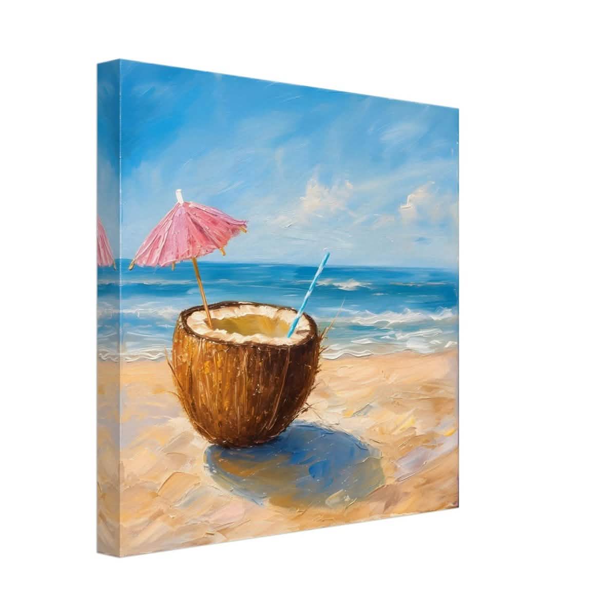 Coconut Bliss by the Shore | Contemporary Realism with Tropical Theme - Canvas - 30x30 cm / 12x12″ -