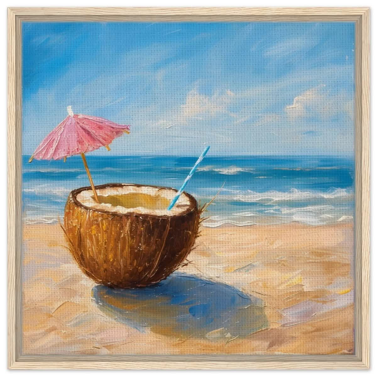 Coconut Bliss by the Shore | Contemporary Realism with Tropical Theme - Framed Canvas - 60x60 cm / 24x24″ - Wood frame