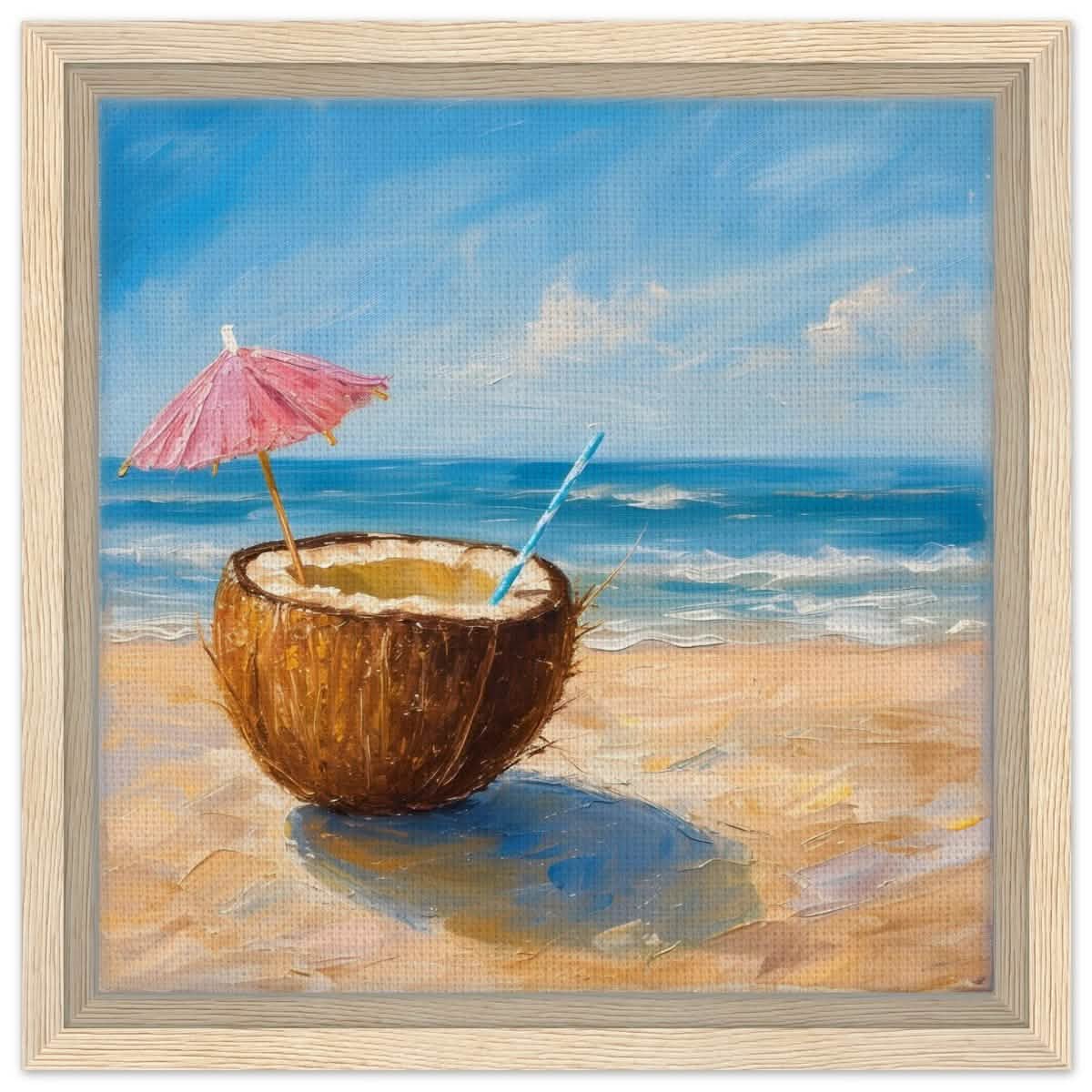 Coconut Bliss by the Shore | Contemporary Realism with Tropical Theme - Framed Canvas - 30x30 cm / 12x12″ - Wood frame