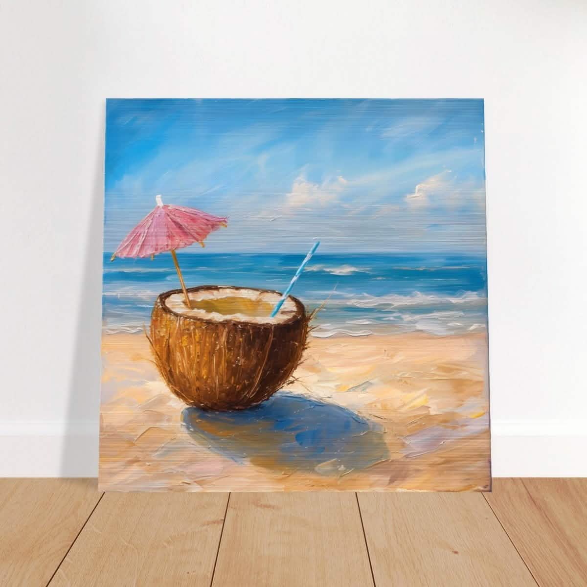 Coconut Bliss by the Shore | Contemporary Realism with Tropical Theme - Brushed Aluminum Print - 40x40 cm / 16x16″ -