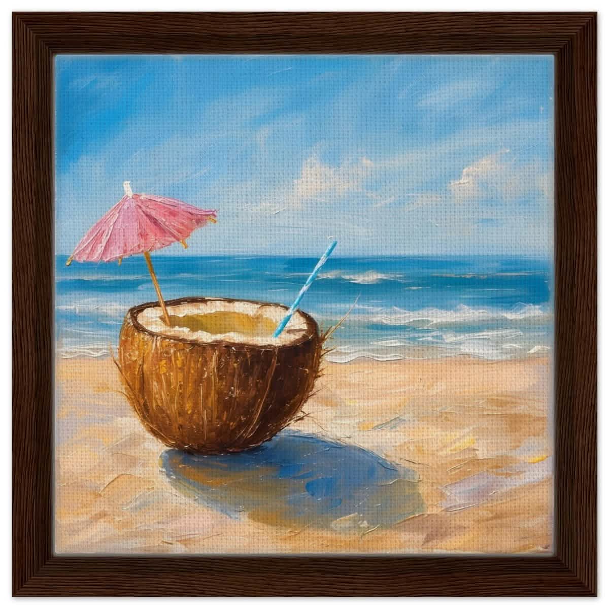 Coconut Bliss by the Shore | Contemporary Realism with Tropical Theme - Framed Canvas - 30x30 cm / 12x12″ - Dark wood frame