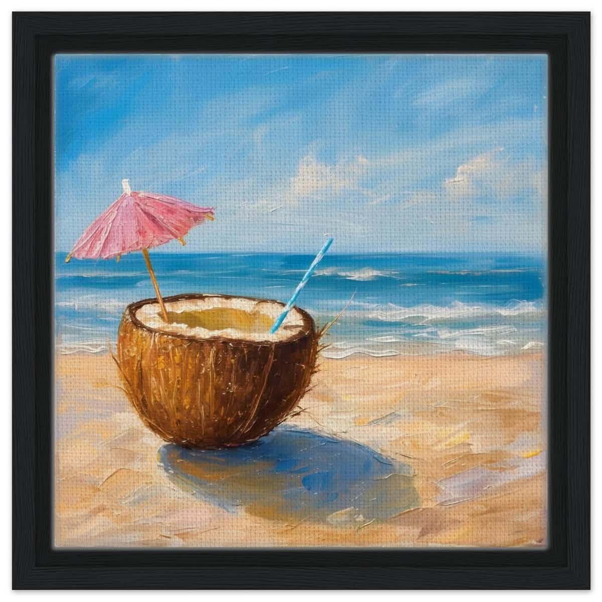 Coconut Bliss by the Shore | Contemporary Realism with Tropical Theme - Framed Canvas - 30x30 cm / 12x12″ - Black frame