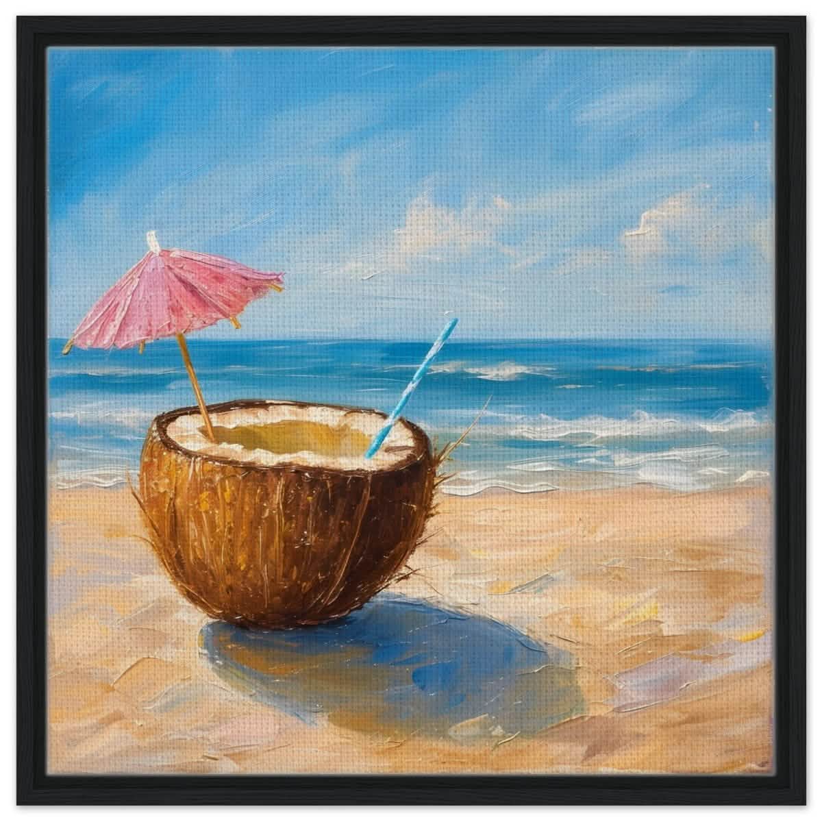 Coconut Bliss by the Shore | Contemporary Realism with Tropical Theme - Framed Canvas - 60x60 cm / 24x24″ - Black frame