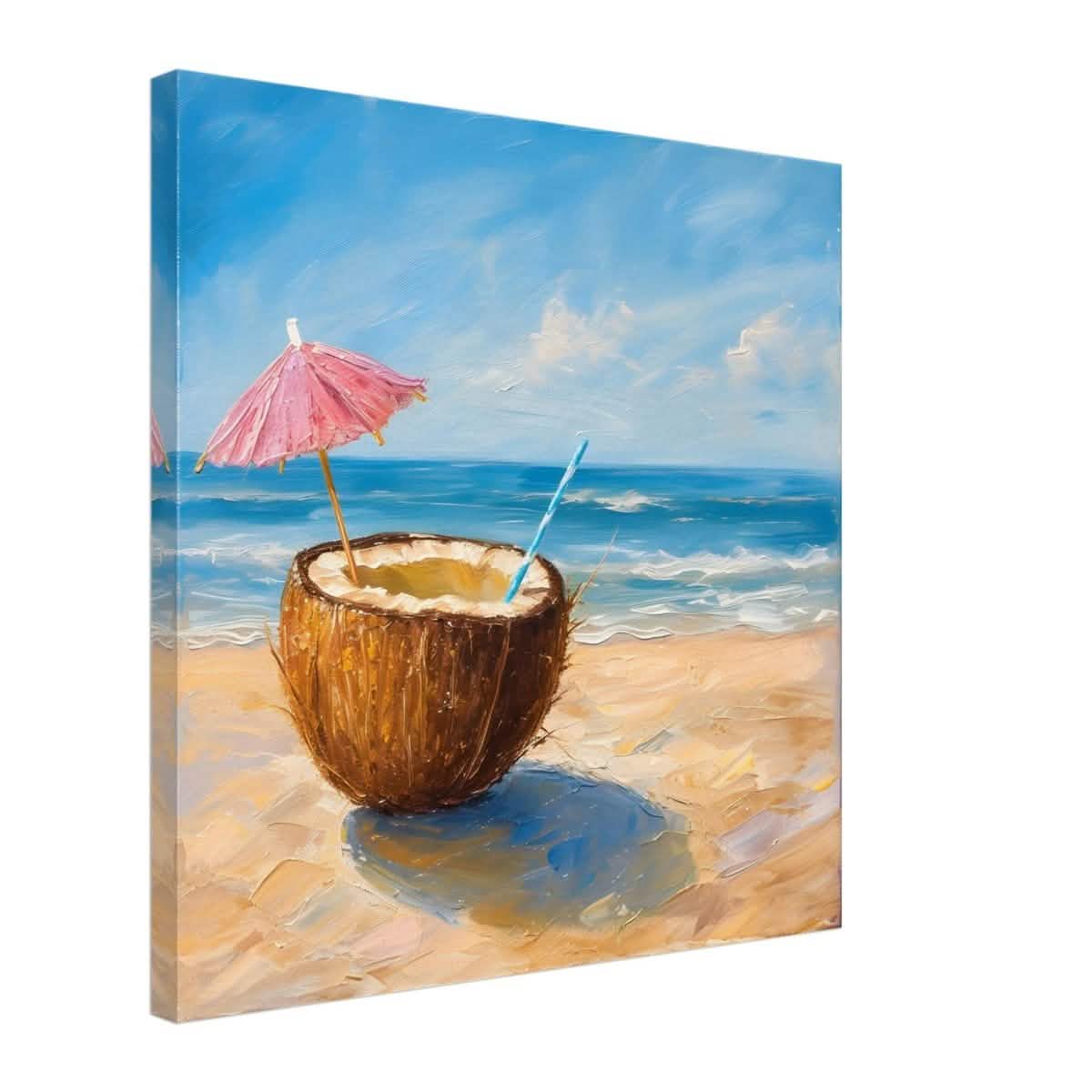 Coconut Bliss by the Shore | Contemporary Realism with Tropical Theme - Canvas - 50x50 cm / 20x20″ -