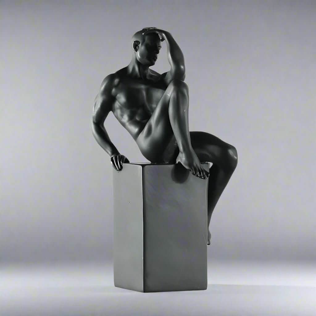 Contemplative Male Figure Sculpture – Modern Black Resin Art Décor - Black -