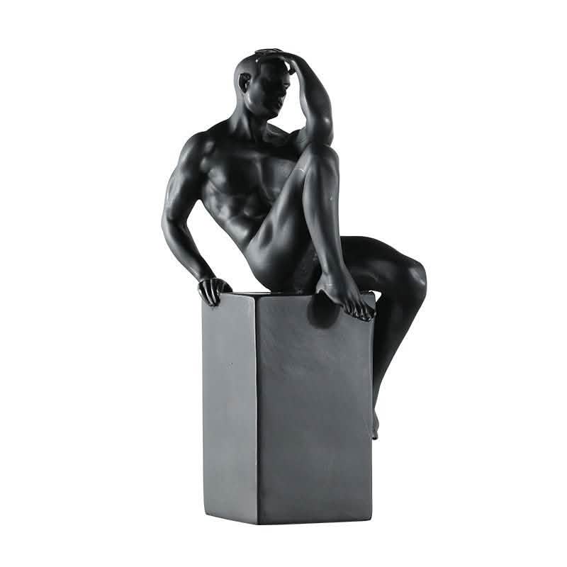 Contemplative Male Figure Sculpture – Modern Black Resin Art Décor - Black -