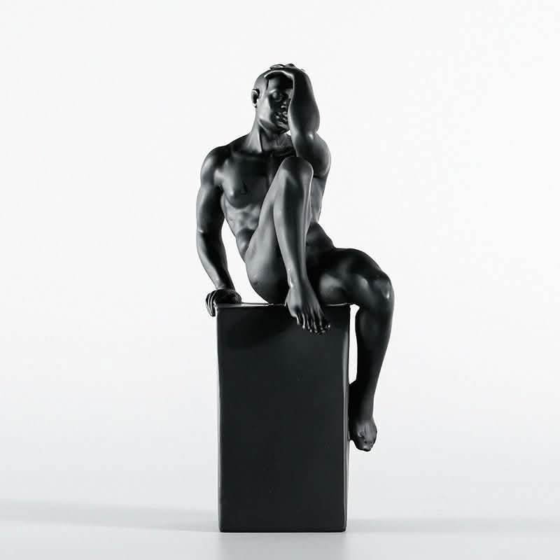 Contemplative Male Figure Sculpture – Modern Black Resin Art Décor - Black -