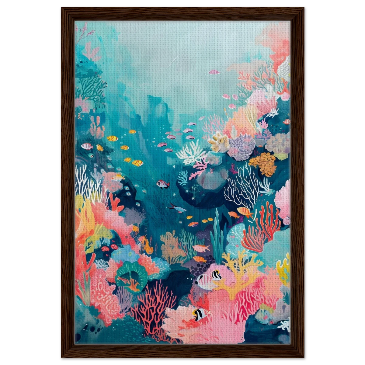"Coral Symphony" – Underwater Reef Wall Art Print - Framed Canvas - 40x60 cm / 16x24″ - Dark wood frame