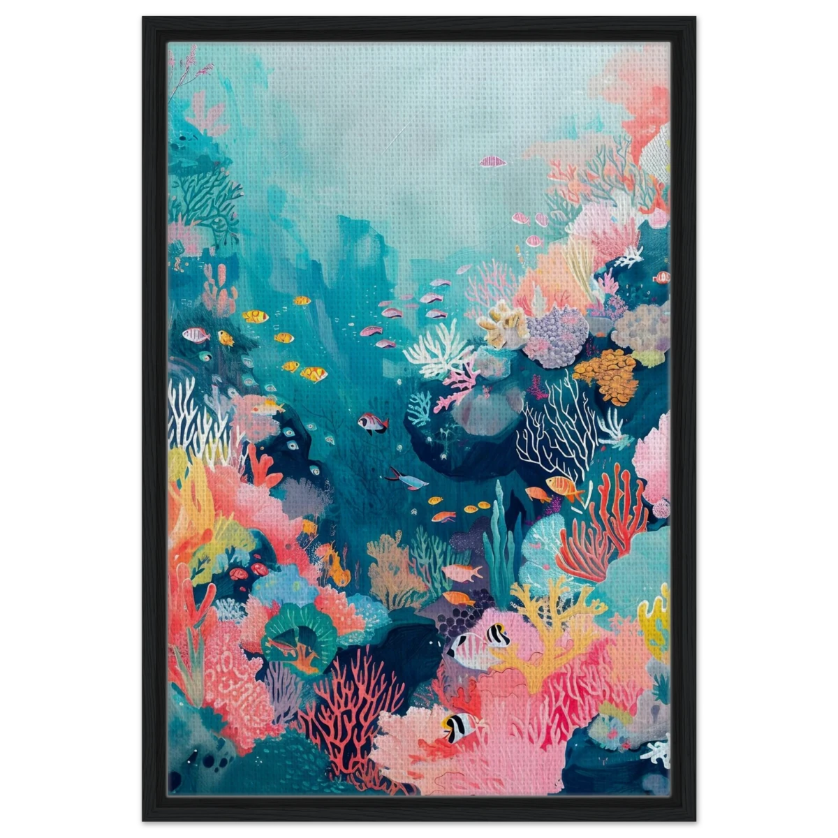 "Coral Symphony" – Underwater Reef Wall Art Print - Framed Canvas - 50x75 cm / 20x30″ - Black frame