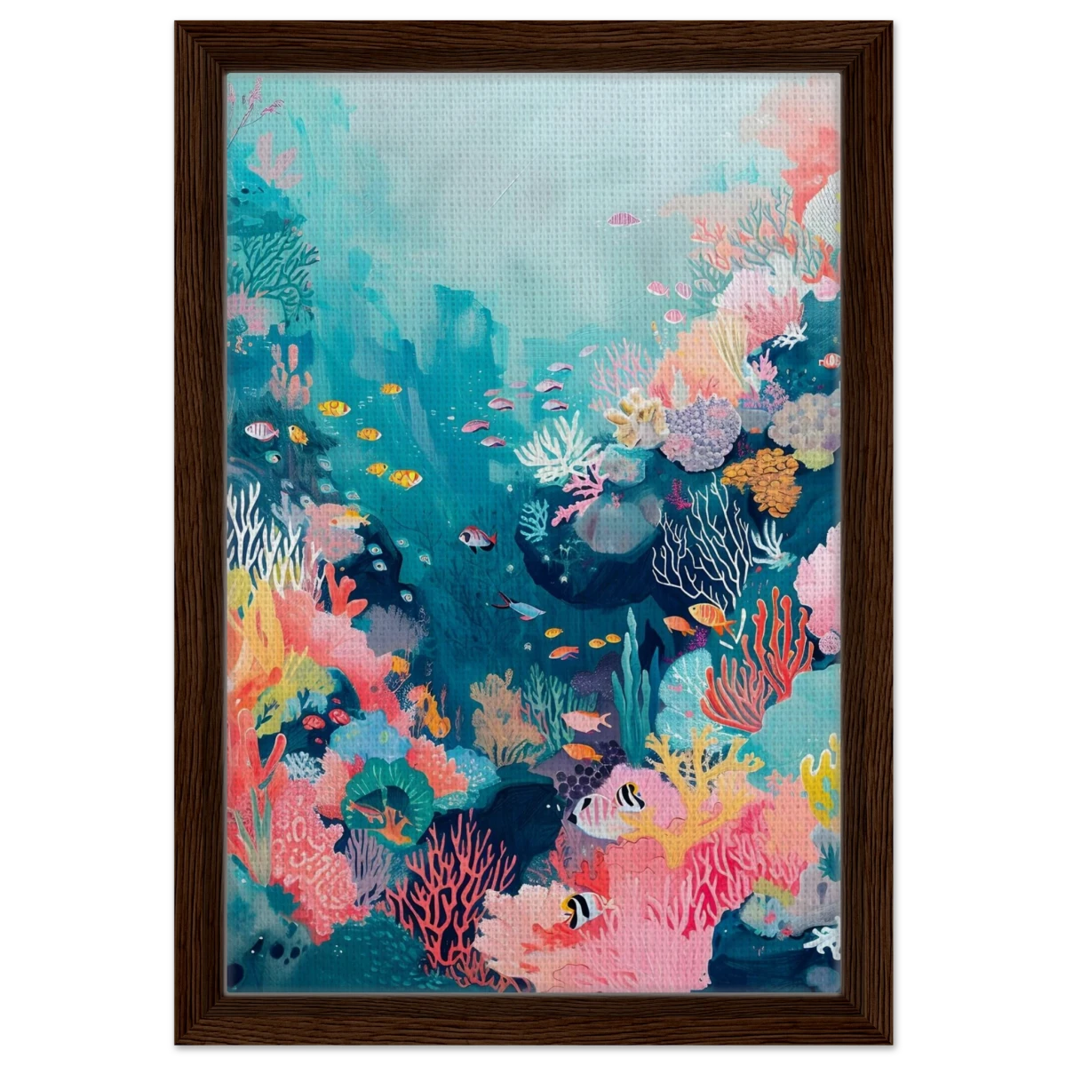 "Coral Symphony" – Underwater Reef Wall Art Print - Framed Canvas - 30x45 cm / 12x18″ - Dark wood frame