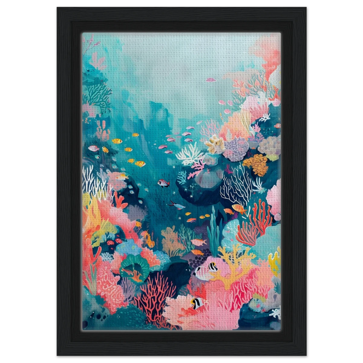 "Coral Symphony" – Underwater Reef Wall Art Print - Framed Canvas - 20x30 cm / 8x12″ - Black frame