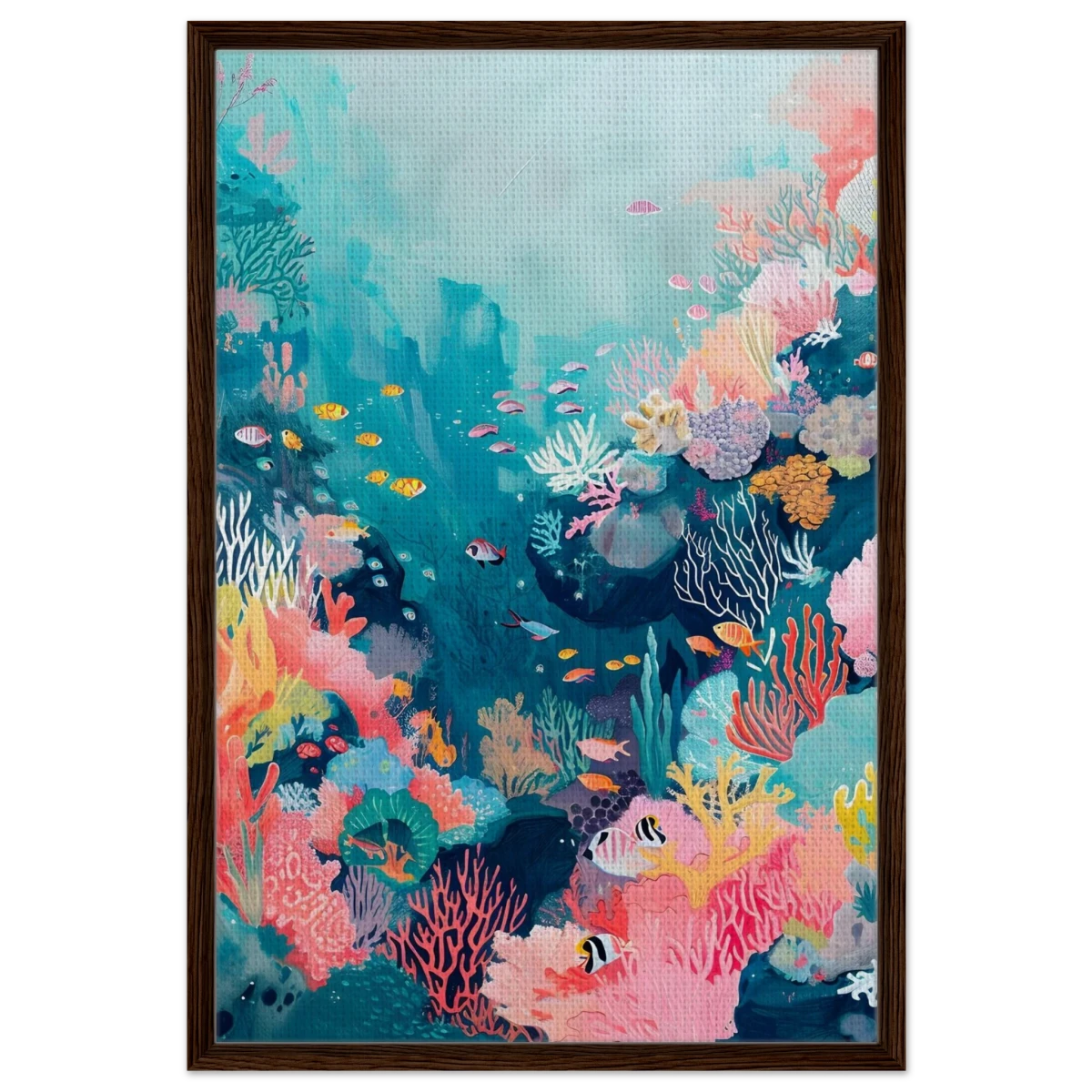 "Coral Symphony" – Underwater Reef Wall Art Print - Framed Canvas - 60x90 cm / 24x36″ - Dark wood frame