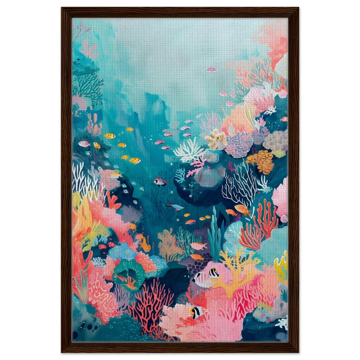 "Coral Symphony" – Underwater Reef Wall Art Print - Framed Canvas - 50x75 cm / 20x30″ - Dark wood frame