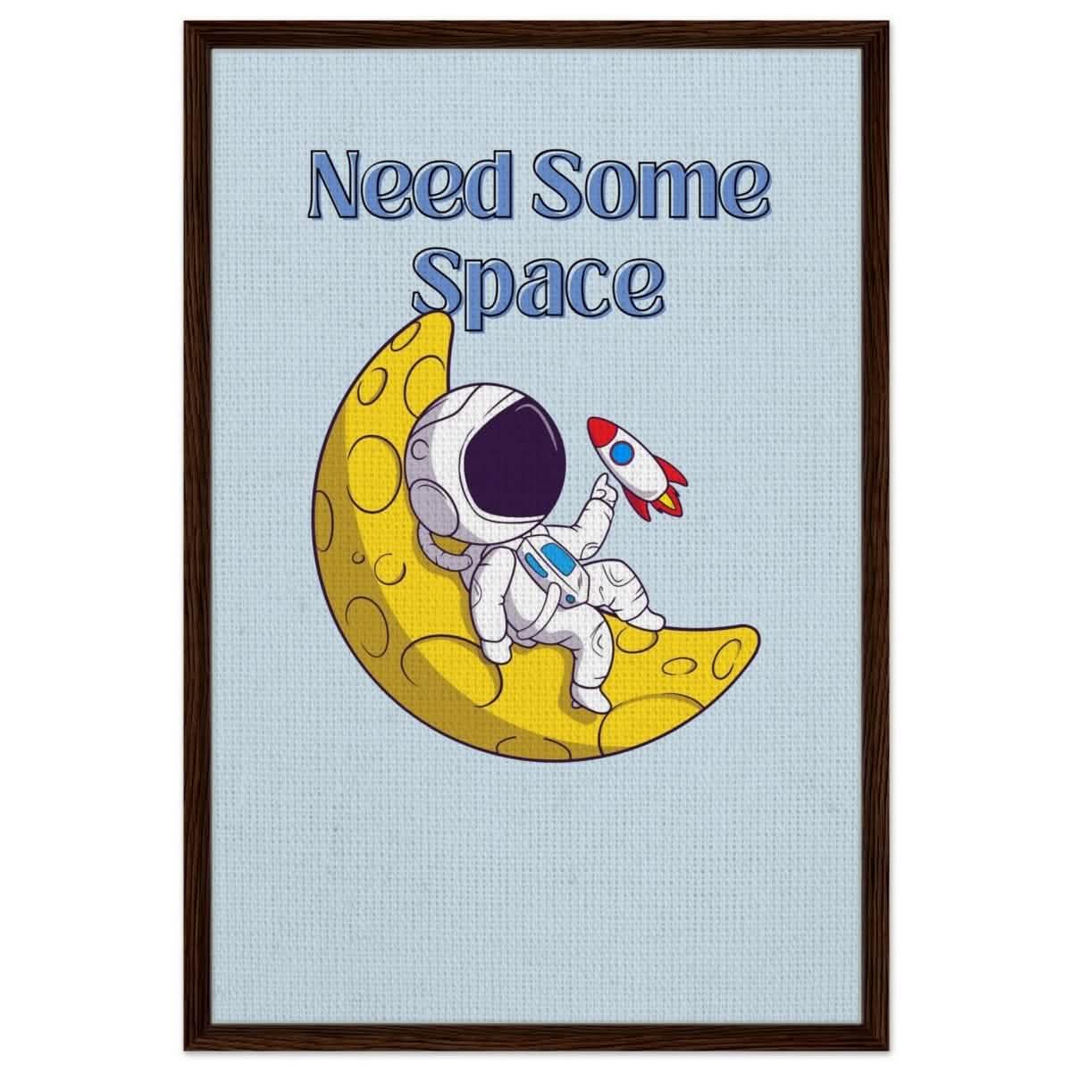 Cosmic Escape: Need Some Space | Motivational pop art wall art print - 60x90 cm / 24x36″ - Framed Canvas - Dark wood frame