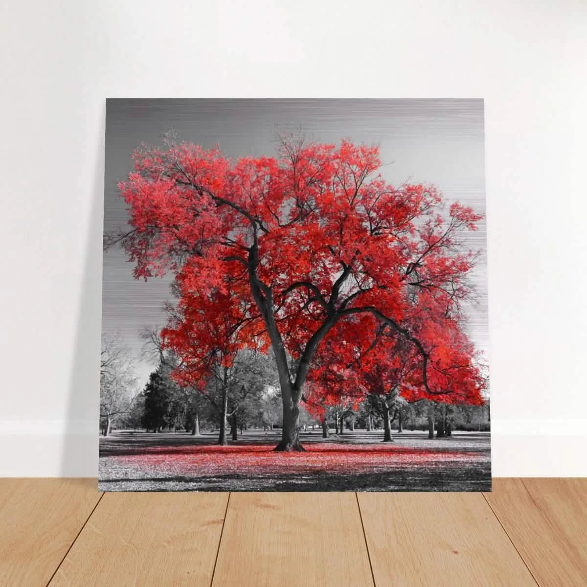 "Crimson Crown" – Monochrome Autumn Elegance | Wall Art Print - Brushed Aluminum Print - 60x60 cm / 24x24″ -