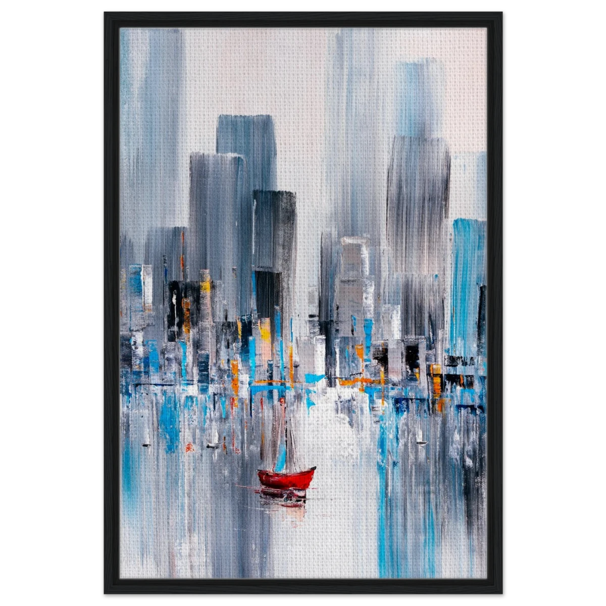 “Crimson Drift” – City Stillness in Motion | Modern Abstract Wall art Print - Framed Canvas - 60x90 cm / 24x36″ - Black frame