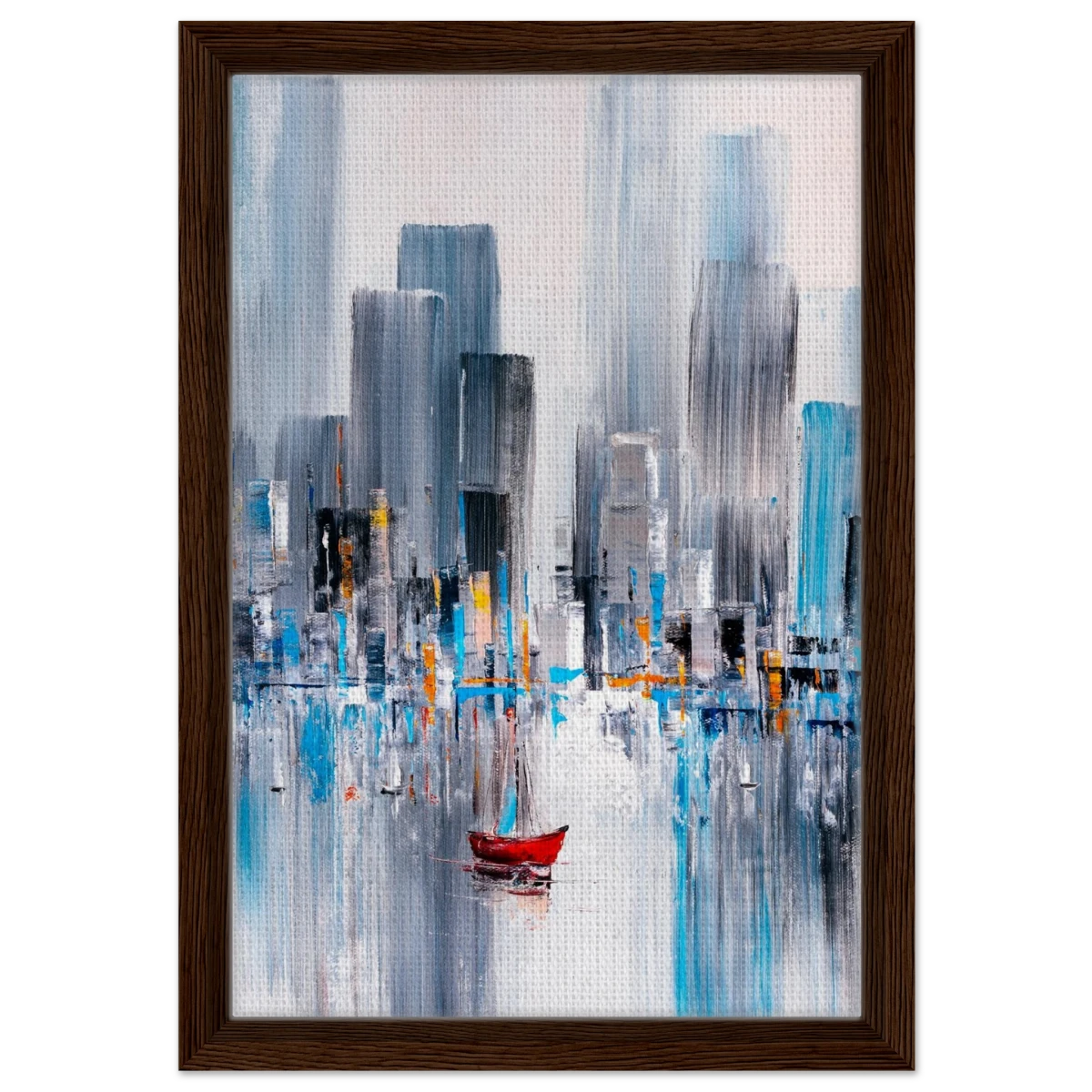 “Crimson Drift” – City Stillness in Motion | Modern Abstract Wall art Print - Framed Canvas - 30x45 cm / 12x18″ - Dark wood frame
