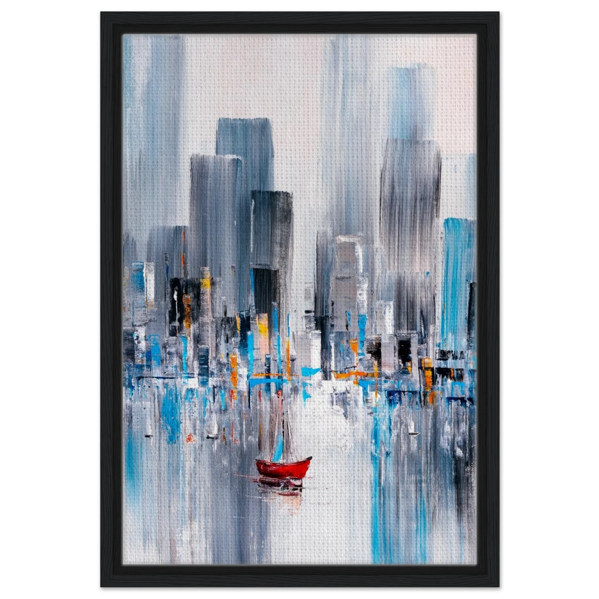 “Crimson Drift” – City Stillness in Motion | Modern Abstract Wall art Print - Framed Canvas - 40x60 cm / 16x24″ - Black frame