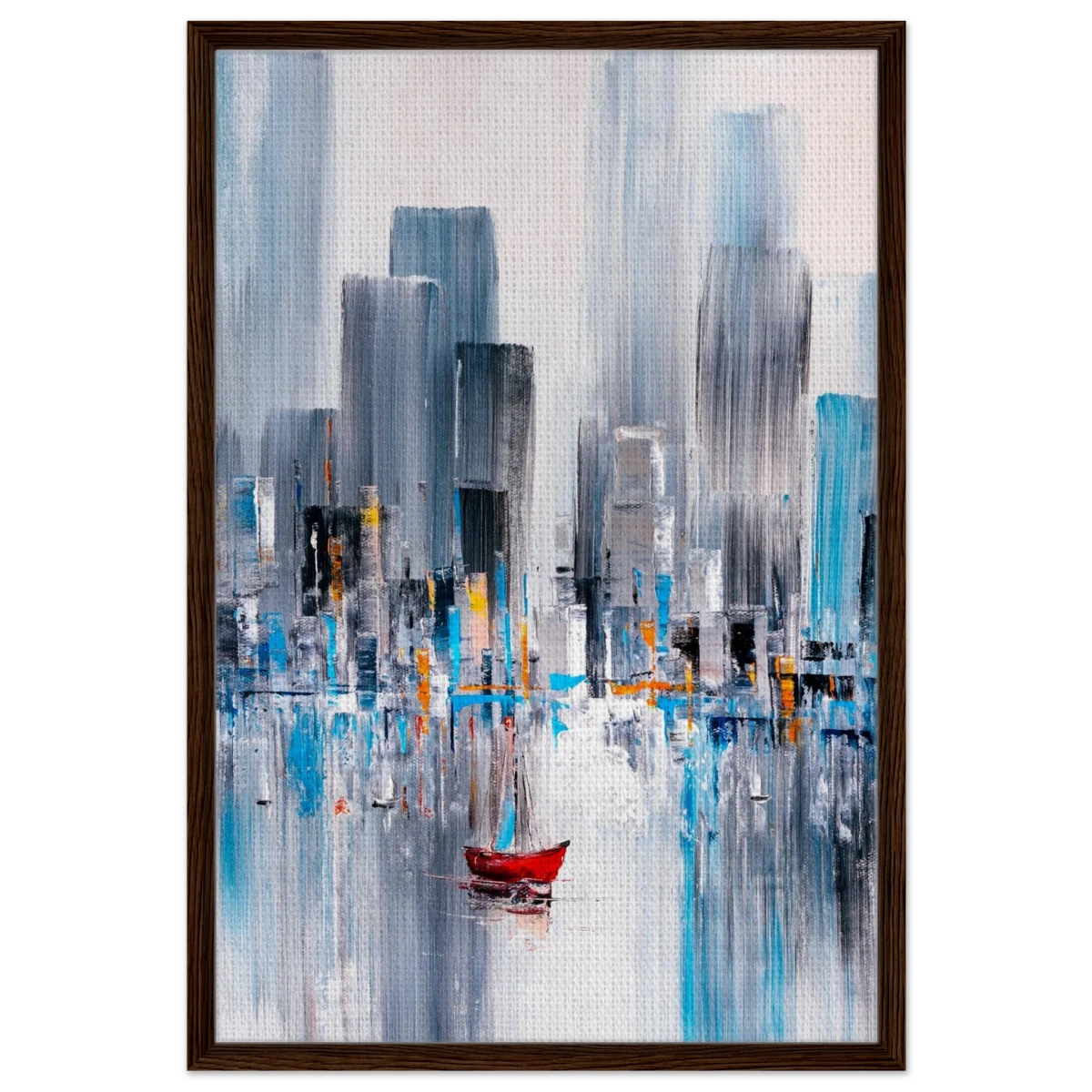 “Crimson Drift” – City Stillness in Motion | Modern Abstract Wall art Print - Framed Canvas - 60x90 cm / 24x36″ - Dark wood frame