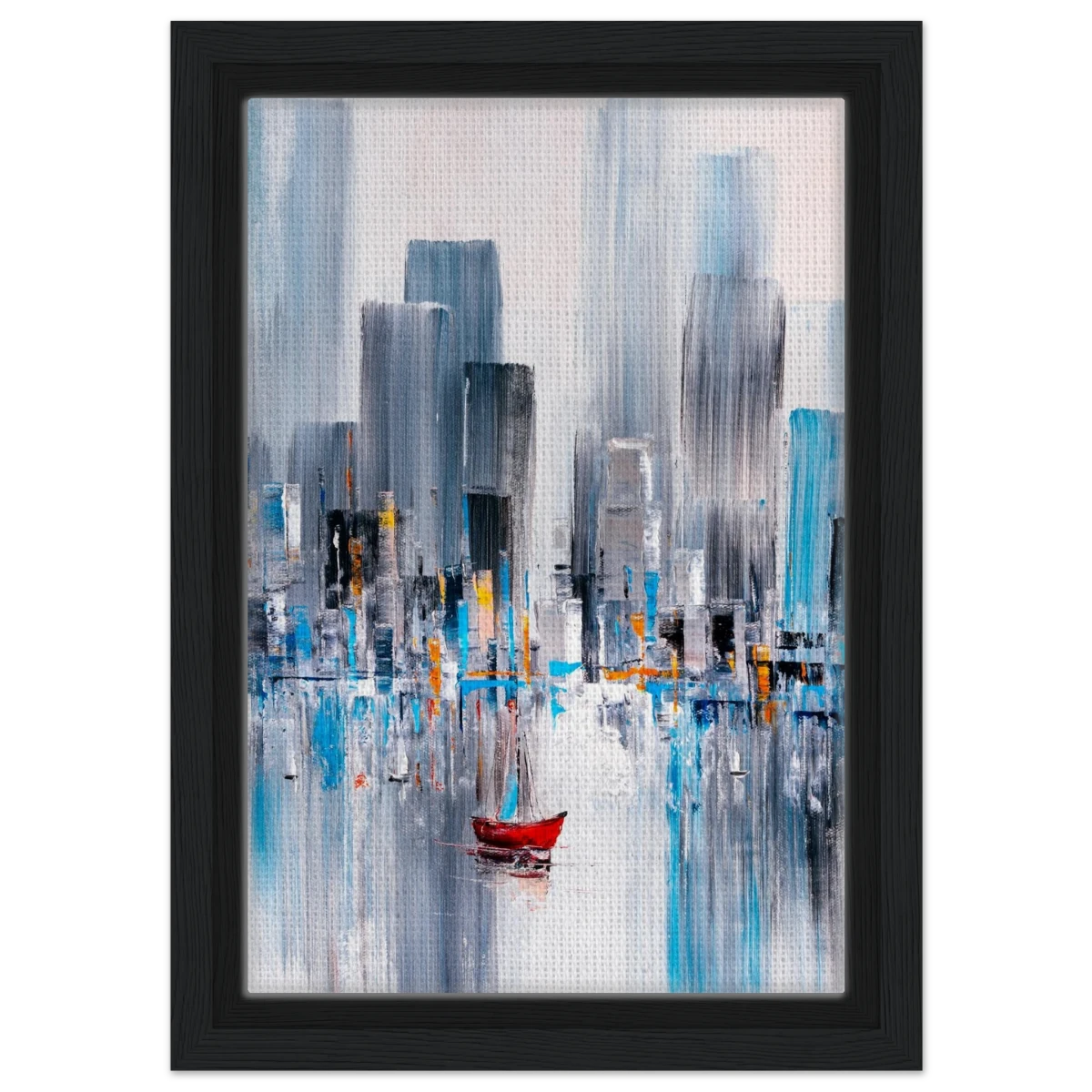 “Crimson Drift” – City Stillness in Motion | Modern Abstract Wall art Print - Framed Canvas - 20x30 cm / 8x12″ - Black frame