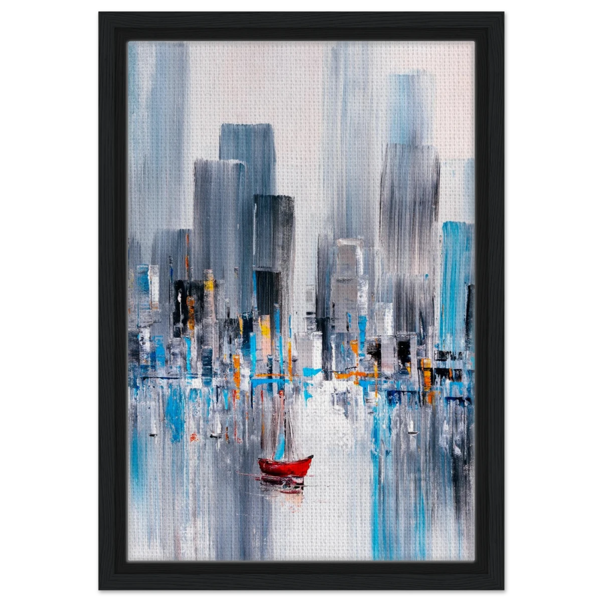 “Crimson Drift” – City Stillness in Motion | Modern Abstract Wall art Print - Framed Canvas - 30x45 cm / 12x18″ - Black frame