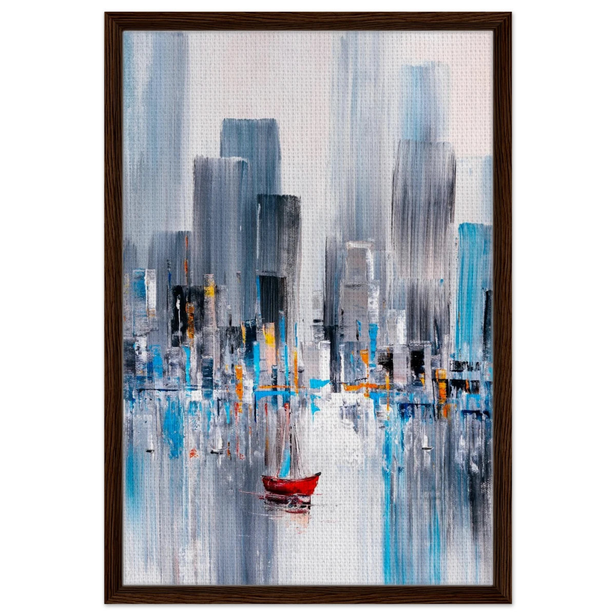 “Crimson Drift” – City Stillness in Motion | Modern Abstract Wall art Print - Framed Canvas - 50x75 cm / 20x30″ - Dark wood frame