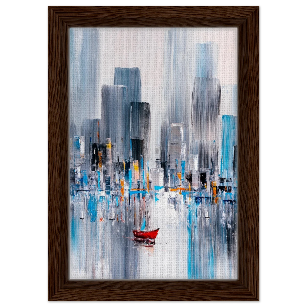 “Crimson Drift” – City Stillness in Motion | Modern Abstract Wall art Print - Framed Canvas - 20x30 cm / 8x12″ - Dark wood frame