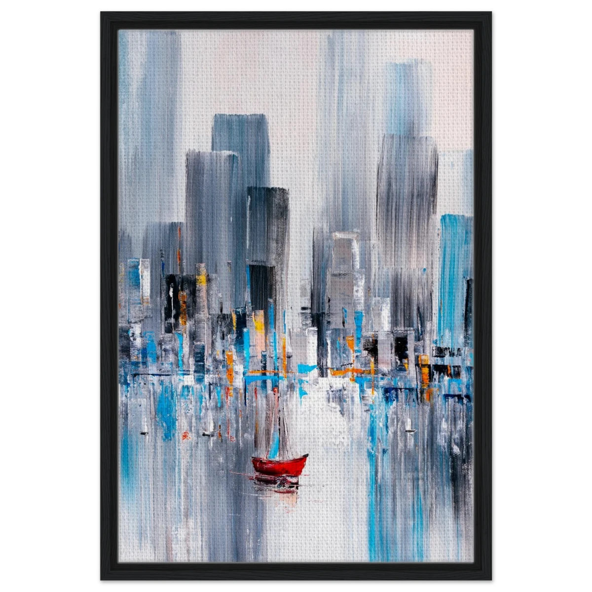 “Crimson Drift” – City Stillness in Motion | Modern Abstract Wall art Print - Framed Canvas - 50x75 cm / 20x30″ - Black frame