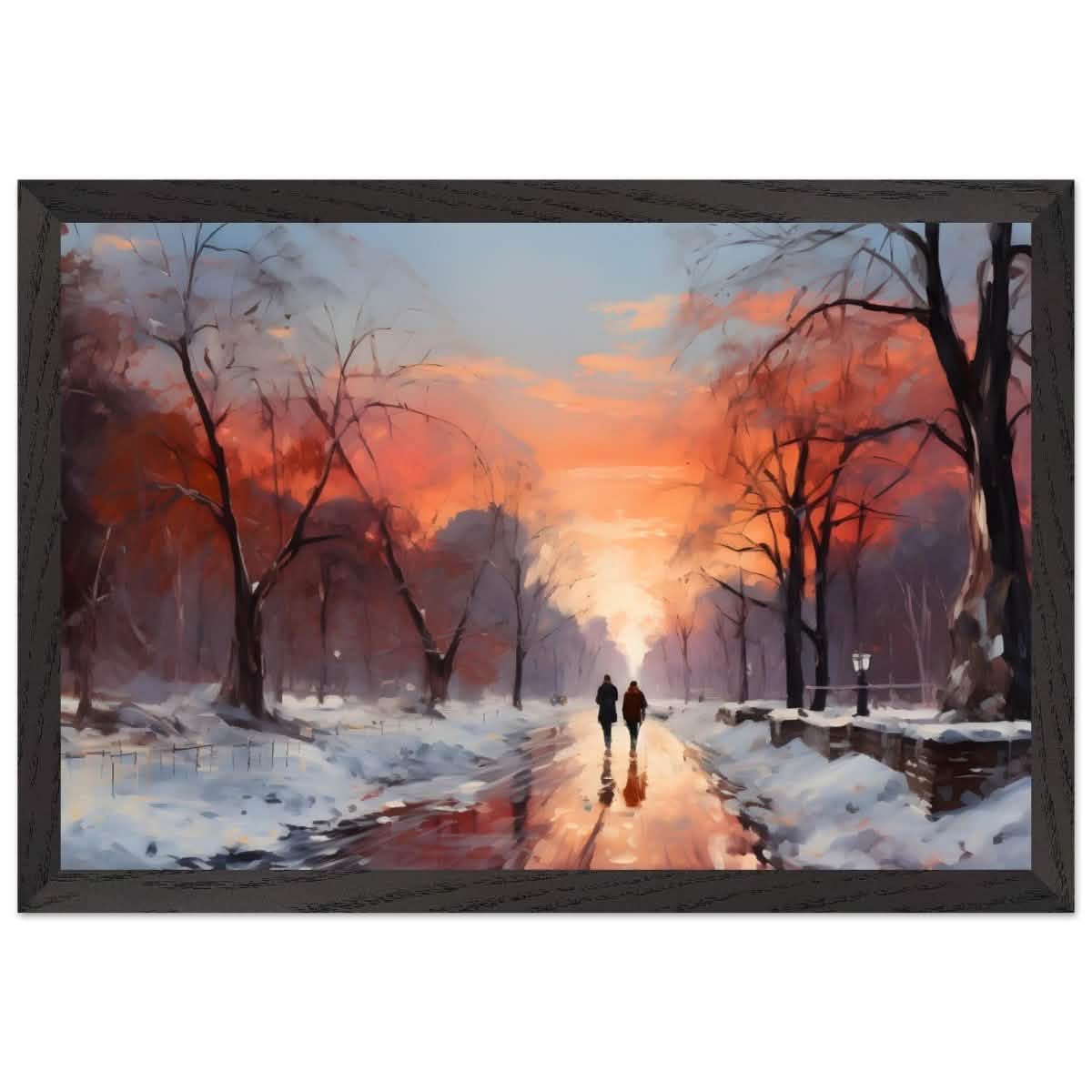 Crimson Dusk Walk | Winter Evening Glow | Nature Art Wall art print - Premium Wooden Framed Poster With Premium Matte Paper - 30x45 cm / 12x18″ - Black frame