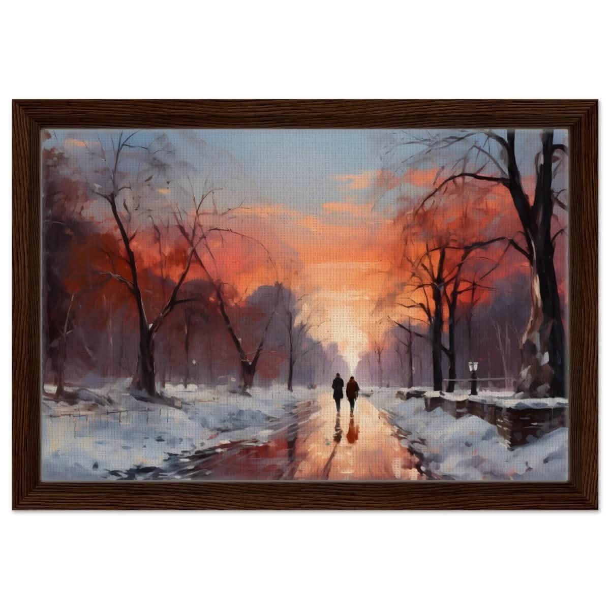 Crimson Dusk Walk | Winter Evening Glow | Nature Art Wall art print - Framed Canvas - 30x45 cm / 12x18″ - Dark wood frame