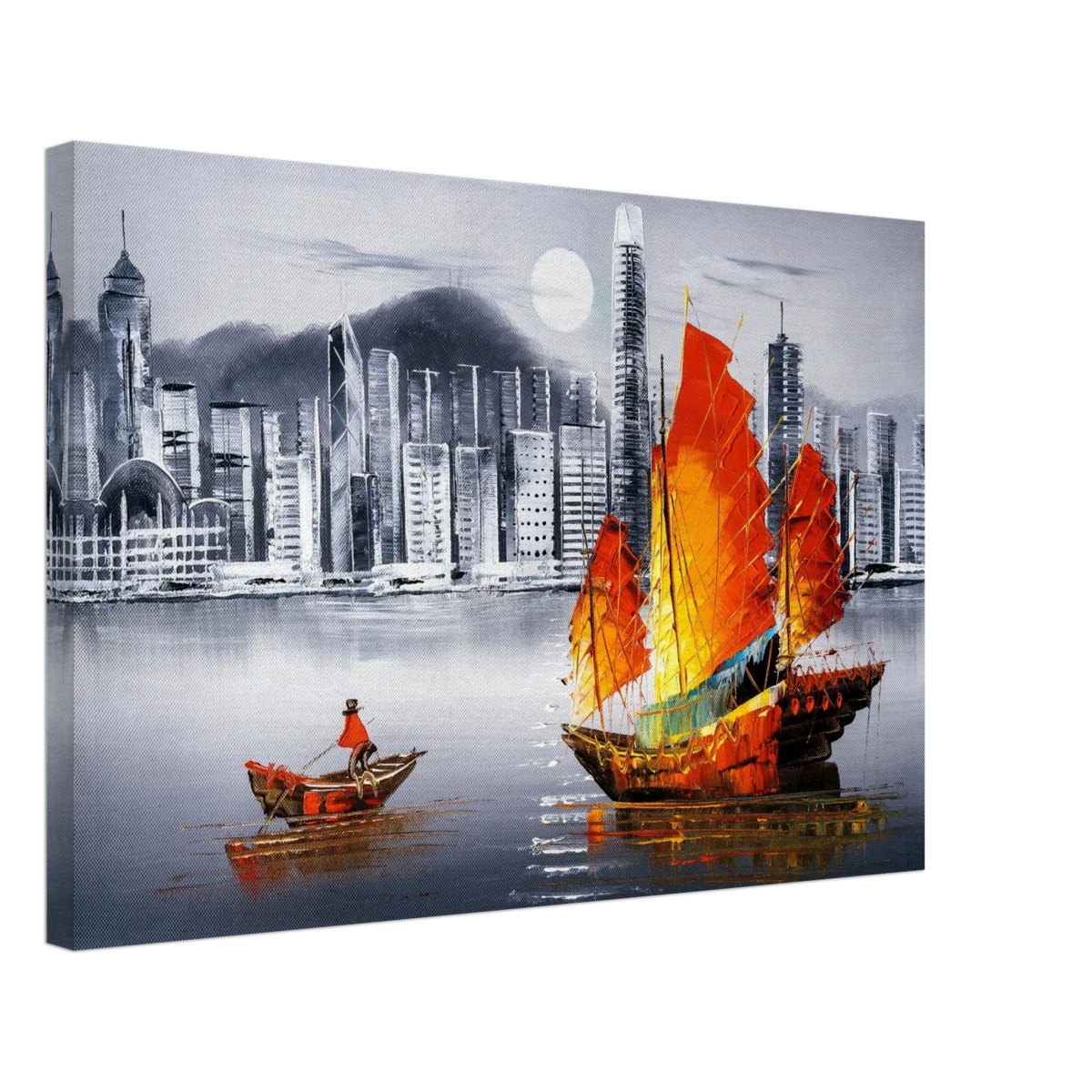 "Crimson Sails Over Silver City" – East Meets Modern Majesty | Wall art Print - Canvas - 40x60 cm / 16x24″ -