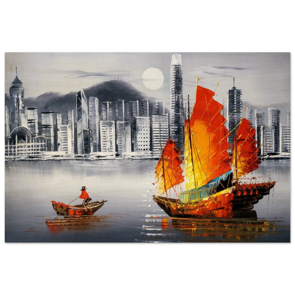 "Crimson Sails Over Silver City" – East Meets Modern Majesty | Wall art Print - Wood Prints - 30x45 cm / 12x18″ -