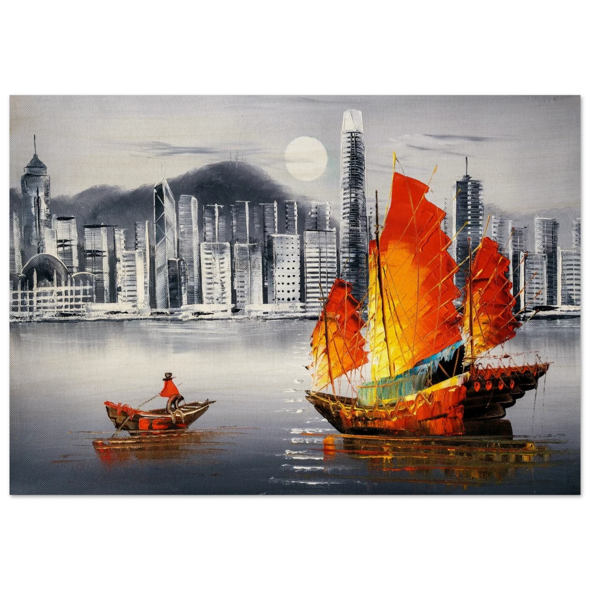 "Crimson Sails Over Silver City" – East Meets Modern Majesty | Wall art Print - Wood Prints - 70x100 cm / 28x40″ -