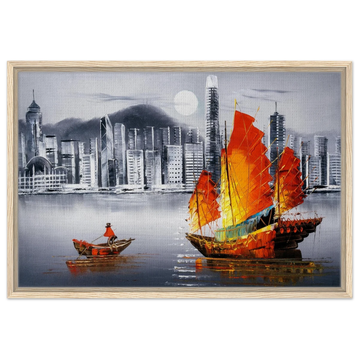 "Crimson Sails Over Silver City" – East Meets Modern Majesty | Wall art Print - Framed Canvas - 50x75 cm / 20x30″ - Wood frame