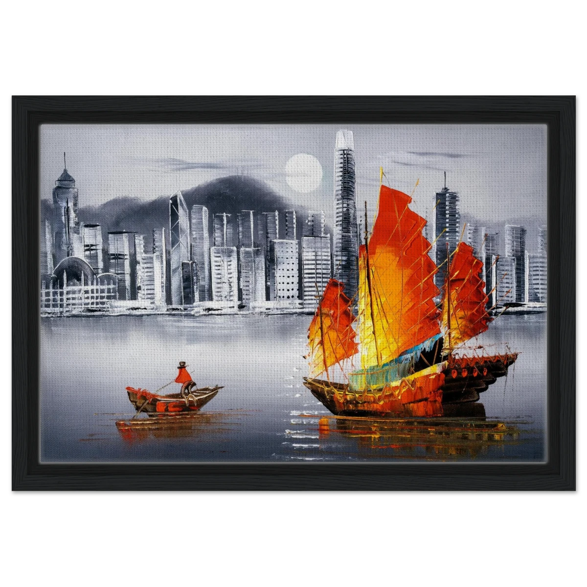 "Crimson Sails Over Silver City" – East Meets Modern Majesty | Wall art Print - Framed Canvas - 30x45 cm / 12x18″ - Black frame