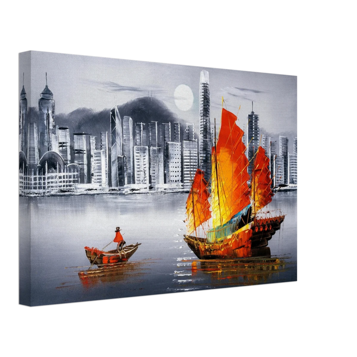 "Crimson Sails Over Silver City" – East Meets Modern Majesty | Wall art Print - Canvas - 30x45 cm / 12x18″ -